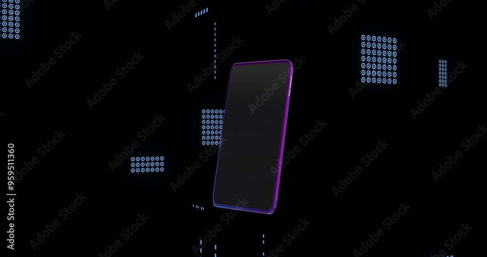 Poster smartphone with purple frame floating over digital data and binary code animation