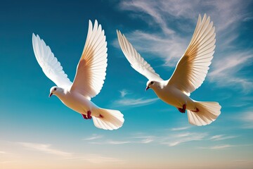 Obraz premium Graceful Doves Gliding Through a Serene Azure Background
