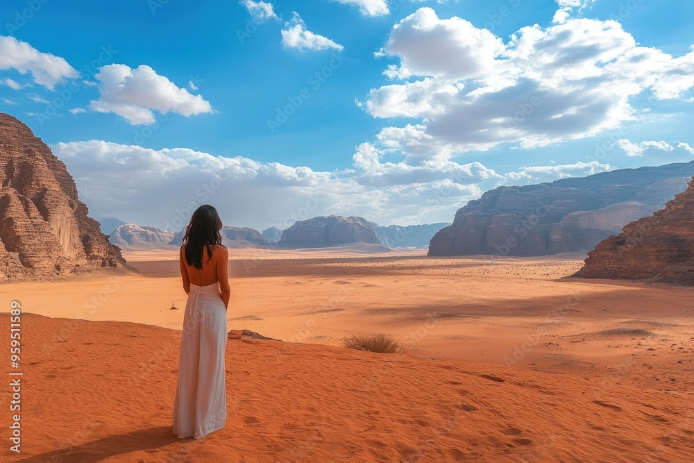 Poster a woman in a white dress standing in the desert