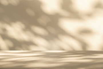 Wall interior background, studio and backdrops show products. with leaf shadow from window color beige and white. background for text insertion and presentation of product	
