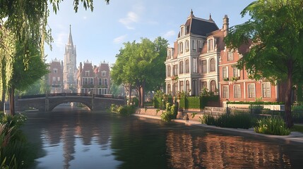 Naklejka premium A tranquil town with beautiful buildings along a riverbank, featuring bridges and tree-lined streets