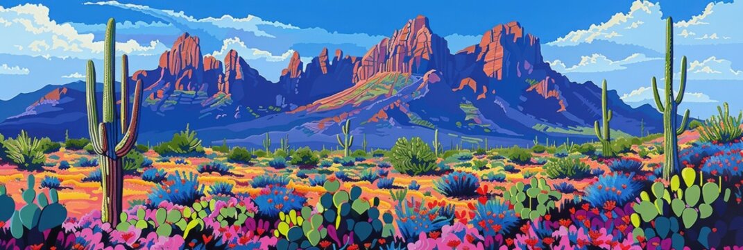 Mountains Arizona. Superstition Mountain Landscape with Vibrant Colors and Cactus Scenery