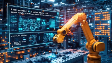 "A fully automated, AI-driven manufacturing plant where robotic arms assemble complex products with laser precision, surrounded by glowing interfaces that monitor and optimize production in 