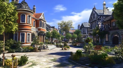 Naklejka premium A peaceful town with beautiful homes and shops, each building showcasing unique and creative designs