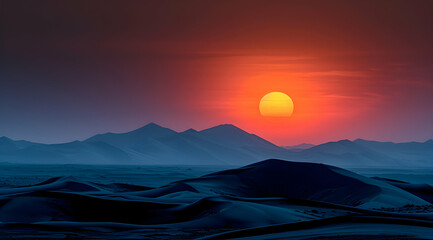 Fototapeta premium Sunset Over Blue Sand Dunes - Digital Illustration