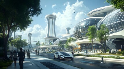 A cool town with futuristic, glass-covered buildings and wide, tree-lined streets creating a...