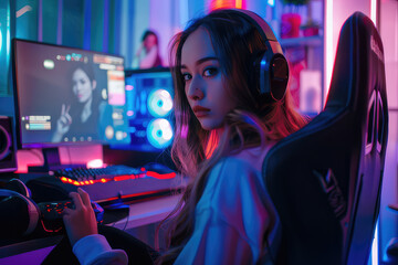 Girl gaming with computer in room with neon lights and streaming online