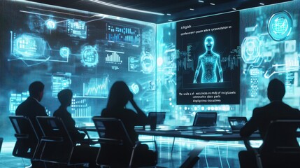 "A high-tech conference room where an AI-powered hologram is giving a presentation to a group of executives. The walls are made of interactive glass panels displaying real-time data visualizations" 