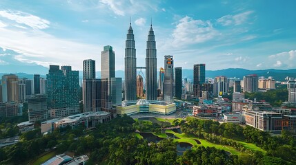 Obraz premium A cool town with sleek, modern skyscrapers and iconic buildings, blending perfectly with the surrounding natural beauty
