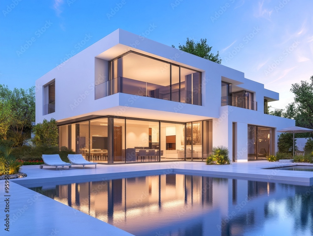 Poster modern house with swimming pool and large windows overlooking the garden.