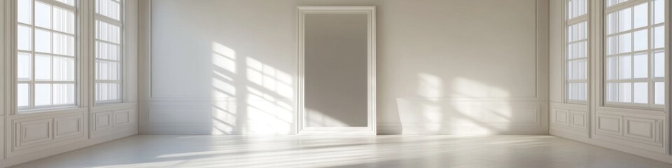 Fototapeta premium Elegant White-Framed Mirror in Spacious Dressing Room: Celebrating Cultural Diversity and Freedom of Expression. Versatile 4K Wallpaper for Fashion Boutiques, Wedding Dress Fittings, and End-of-Season