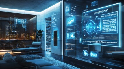 "An AI-controlled smart home where the walls and furniture dynamically change colors and textures based on the mood and preferences of the occupants, with floating holographic interfaces controlling 