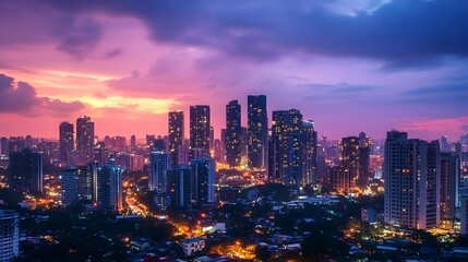 Fototapeta premium Striking Illuminated Urban Skyline at Dusk with Towering Skyscrapers