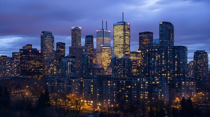 Fototapeta premium Illuminated Urban Skyline at Dusk with Towering High-Rise Buildings