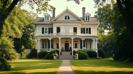Obraz premium Majestic Colonial-Style Mansion with Symmetrical Facade and Expansive Front Porch