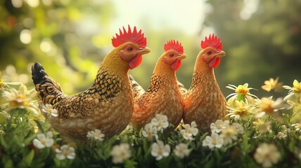 Fototapeta premium Organic chicken, farmraised and freerange, 3D illustration