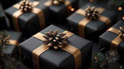 Luxurious black gifts with gold ribbons and pinecone decorations