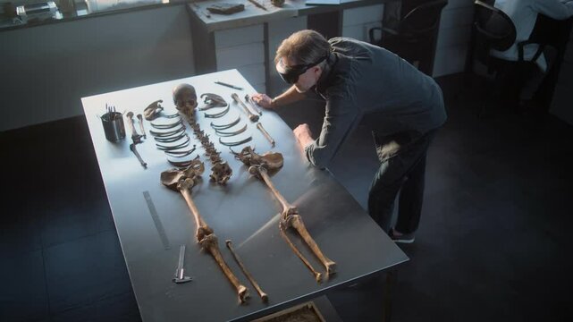 Modern archaeological lab: High angle of mature archaeologist in VR headset examining skeleton remains of ancient extinct human using augmented reality technology. Scientist does historical research.