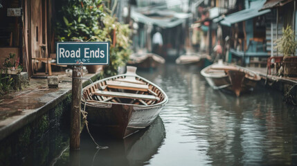 A "Road Ends" sign at the edge of a narrow Bangkok canal, with traditional wooden boats tied to the banks.