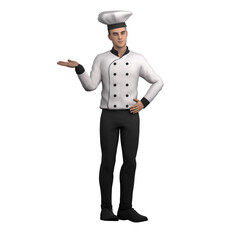 Chef Character 3D. A male chef is standing with a confident attitude, using one hand to point to the side and the other hand on his waist. Illustrated Male Cook