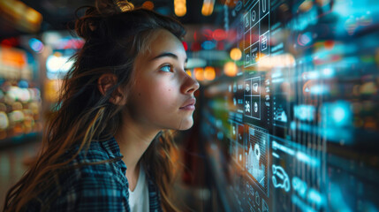 show a photographic scene of a young woman experiencing a rewarding buying process behind her latop