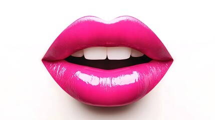 Obraz premium Close-up of pink glossy lips with red-pink lipstick, detailed lip texture, isolated on white background, feminine beauty concept with focus on natural lip shape and vibrant color