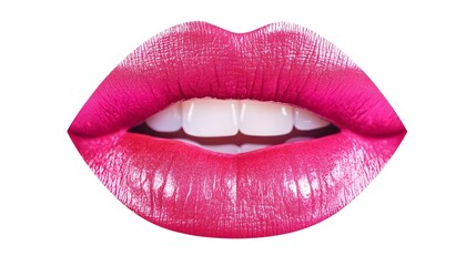 Obraz premium Close-up of pink glossy lips with red-pink lipstick, detailed lip texture, isolated on white background, feminine beauty concept with focus on natural lip shape and vibrant color