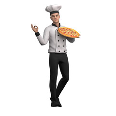 3D Male Chef Cooking. A male chef is standing carrying a pizza in his left hand and raising his right hand with his thumb and index finger together as a sign of 