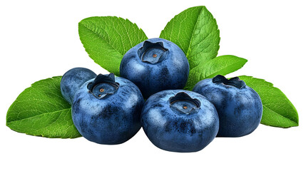 Obraz premium Freshly picked blueberries with green leaves isolated on a transparent background
