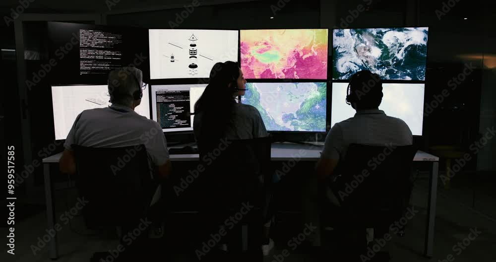 Fototapete People, control room and team monitor satellite maps to track storm weather pattern with back. Meteorologist, climate scientist or group on screen with ai code for global warming at night on overtime