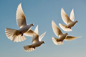 Fototapeta premium Joyful Doves Flying in Unity Against a Blue Sky