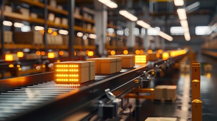high tech warehouse interior with a conveyor belt transporting packages