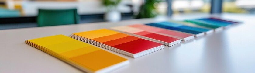 Fototapeta premium Close-up of vibrant paint color chips spread out on a white desk in a modern office environment