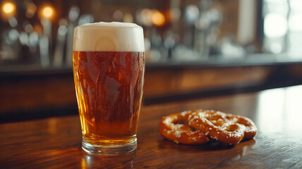 glass of beer and pretzels