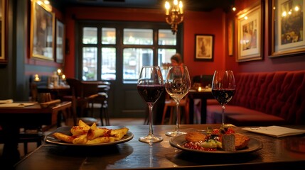 A cozy lounge with deep red tones and a selection of fine wines and tapas