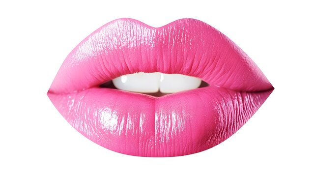 Close-up of pink glossy lips with red-pink lipstick, detailed lip texture, isolated on white background, feminine beauty concept with focus on natural lip shape and vibrant color