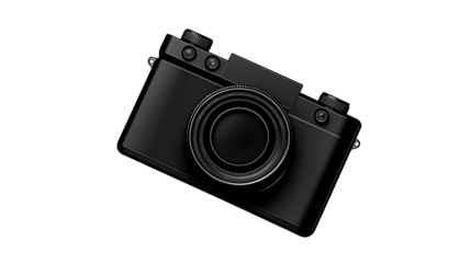 Black camera with a lens, buttons and a strap isolated on a transparent background.