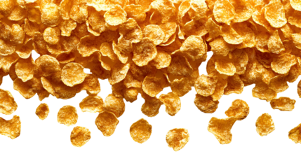 Golden Cereal Flakes Scattered on a White Background with Transparent Background