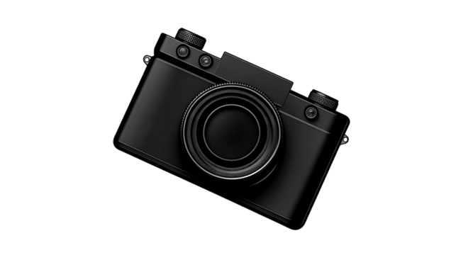 Black camera with a lens, buttons and a strap isolated on a transparent background.