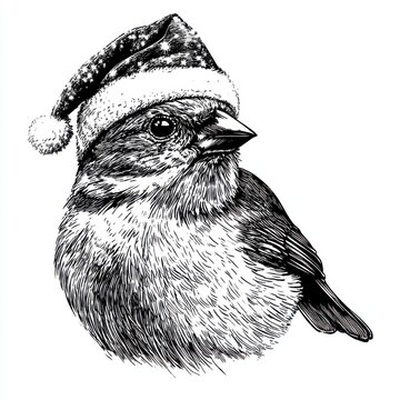 recommend clip art: Black and white Vintage engraved art of a Finch wearing a Christmas Santa hat, isolated on white background, ink sketch illustration, simple vector art design, highly detailed line art