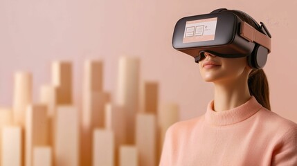 Woman wearing a VR headset and exploring virtual reality in a modern environment, featuring soft peach tones and abstract background elements.