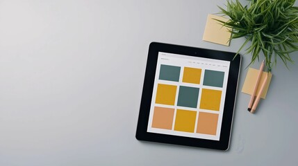 A tablet on a desk displaying a grid of colorful squares, accompanied by sticky notes, a pencil, and a small potted plant.