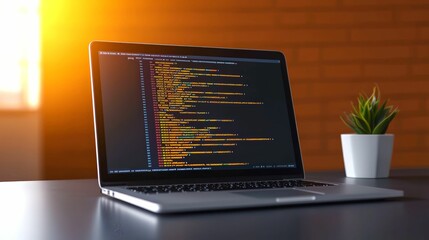 Laptop showing code on the screen placed on a desk with a green plant and warm sunlight streaming in against a brick wall background.