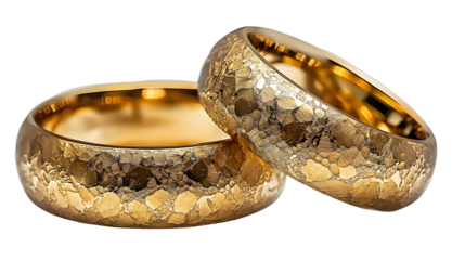 Two Golden Rings with a Rough Textured Surface Isolated on a Transparent Background