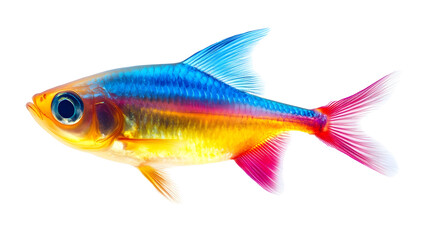 Fototapeta premium Rainbow Fish with Blue, Yellow, and Pink Scales Swimming with a Transparent Background