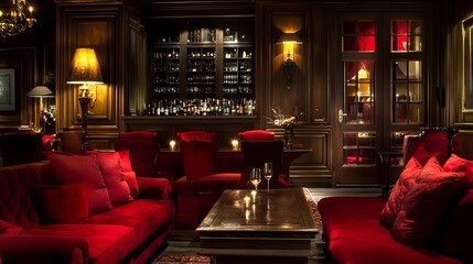 A cozy lounge with deep red tones and a selection of fine wines and tapas