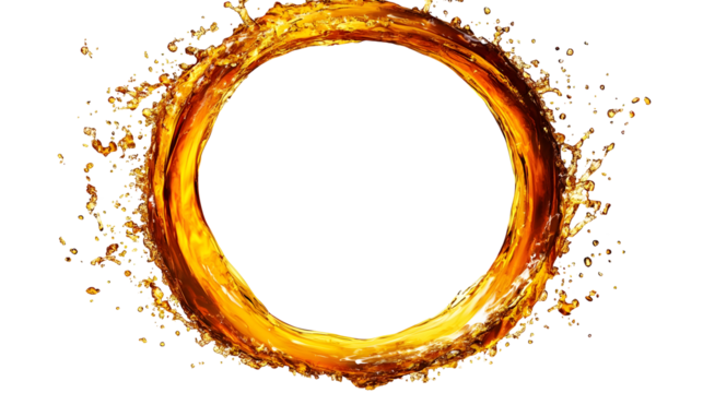 Golden Liquid Splashing and Forming a Circle Shape with Droplets on Transparent Background.