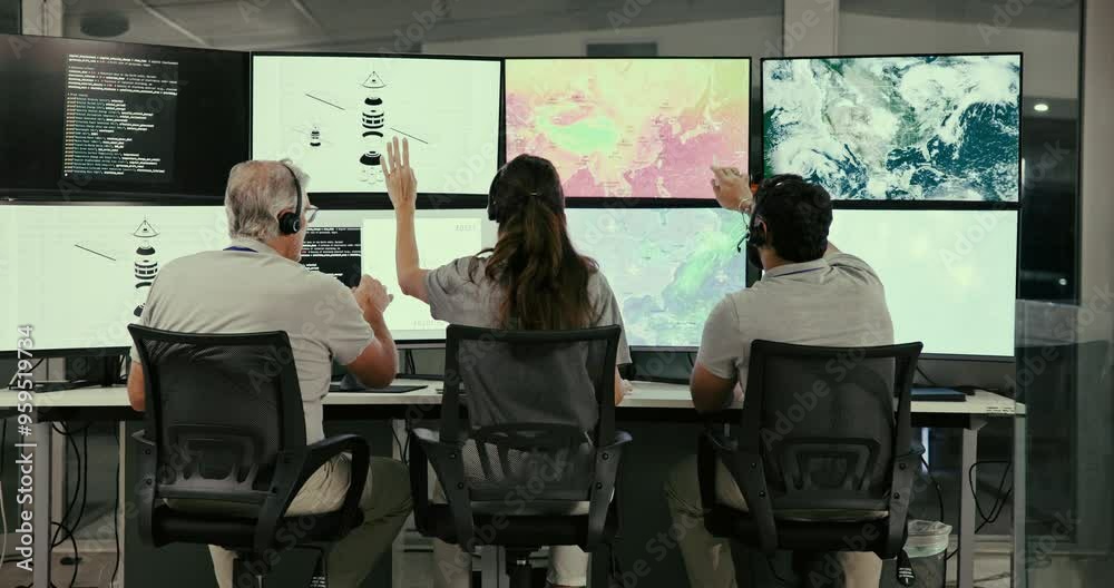Poster People, control room and group monitor weather pattern on satellite maps to track storm with back. Meteorologist, climate scientist and team on screen with data, telemetry and code for global warming