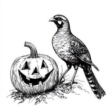 recommend clip art: Black and white Vintage engraved art of a pheasant perched beside a Jack o' lantern, isolated on white background, ink sketch illustration, simple vector art design, highly detailed line art
