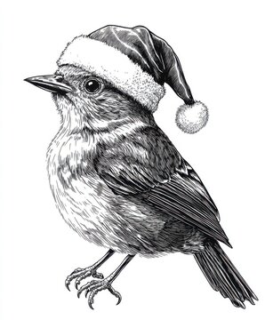 recommend clip art: Black and white Vintage engraved art of a Nightingale wearing a Christmas Santa hat, isolated on white background, ink sketch illustration, simple vector art design, highly detailed line art